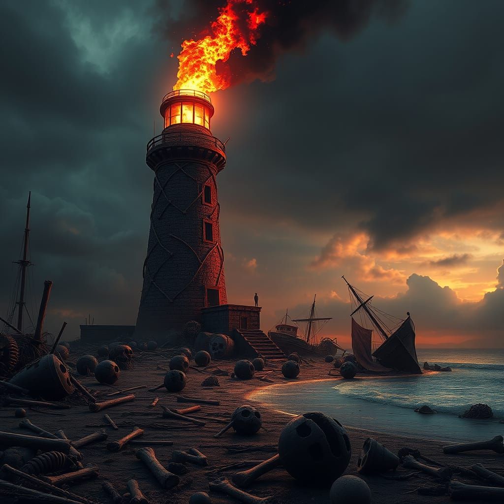 An evil, demonic lighthouse, its tower formed from twisted bones and its light a searing beam of hellfire, stands on a d...