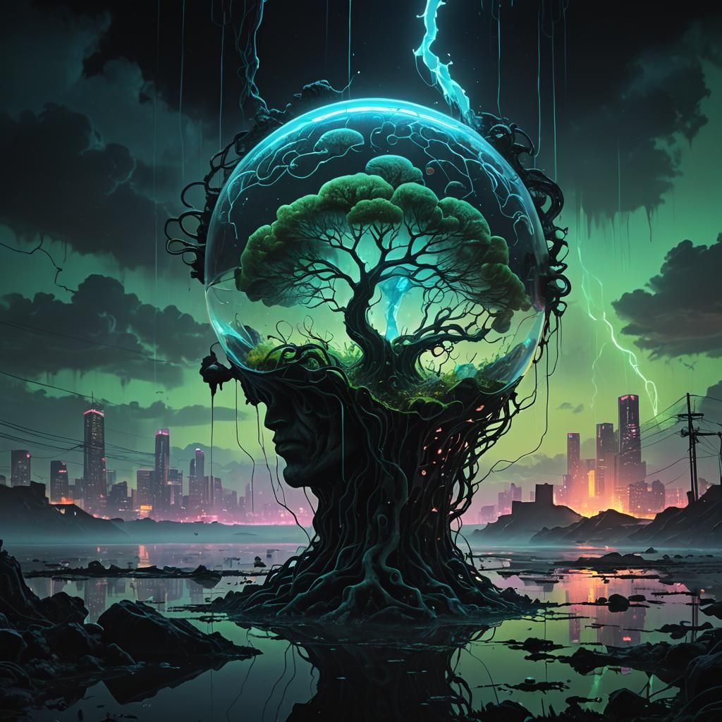 Beksiński-Inspired Glass Brain in Dark Fantasy Neon Cityscap...