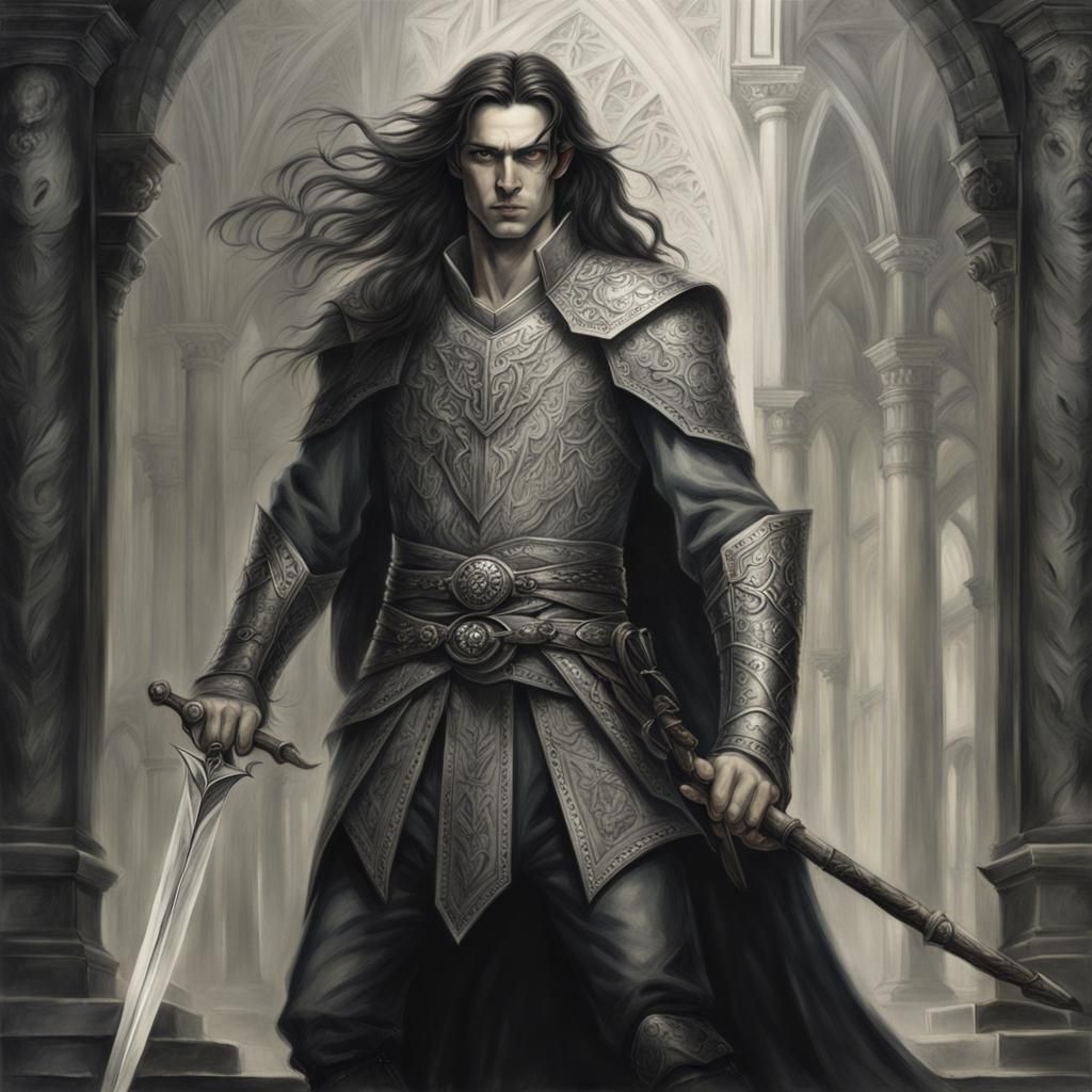 Elven Warrior with Jeweled Sword in Charcoal Style