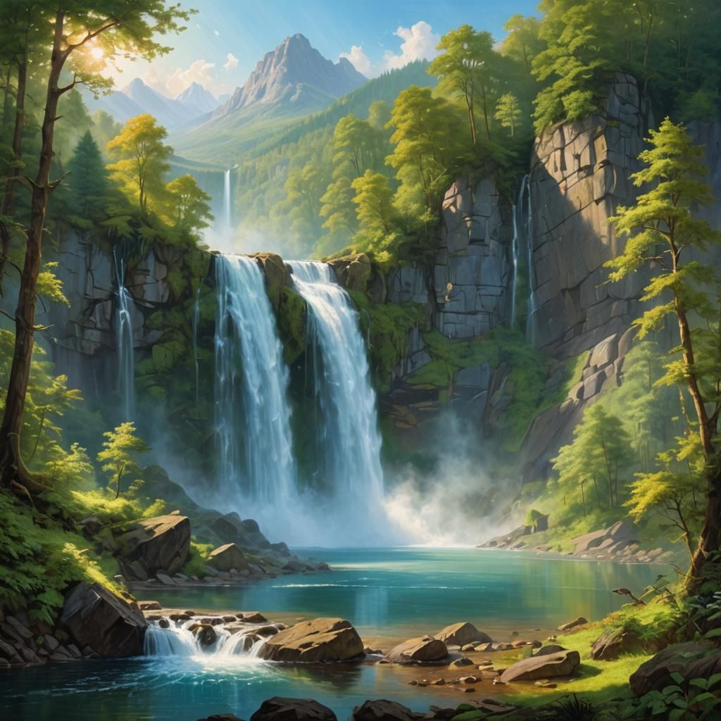 Majestic Waterfall in Lush Forest: Panoramic Landscape