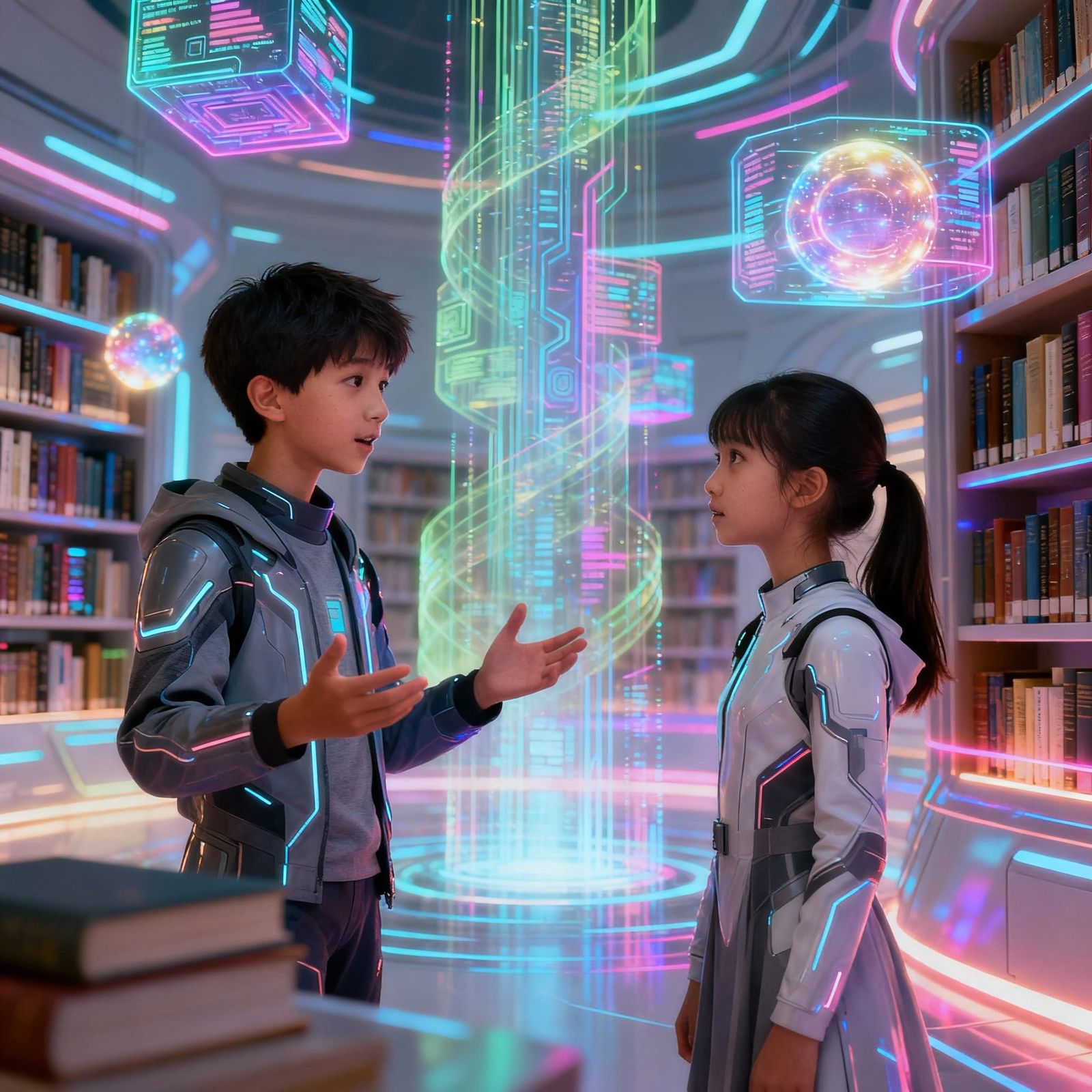 Futuristic Library Scene: Boy and Girl Converse