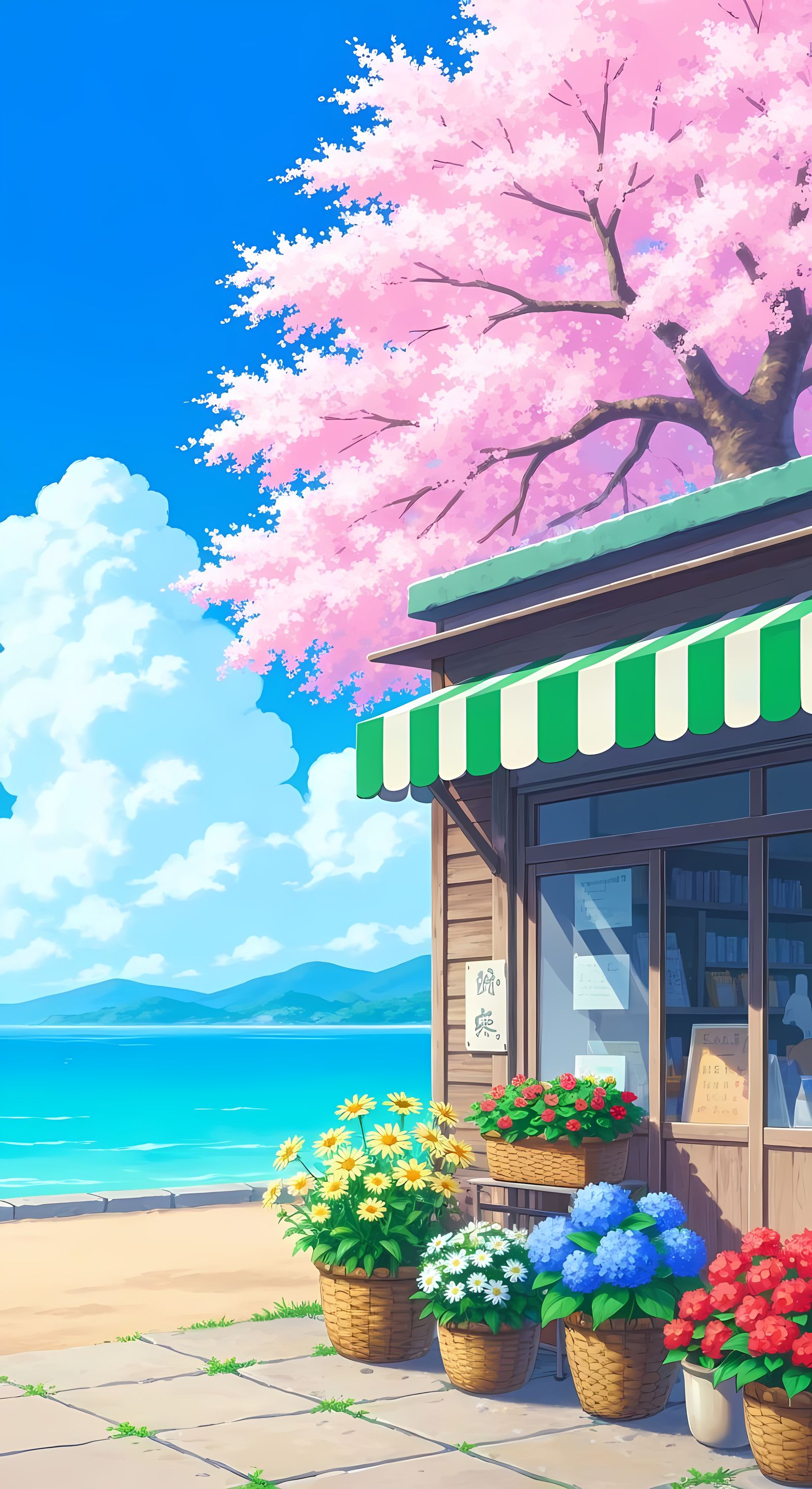 Anime Coastal Scene with Cherry Blossoms