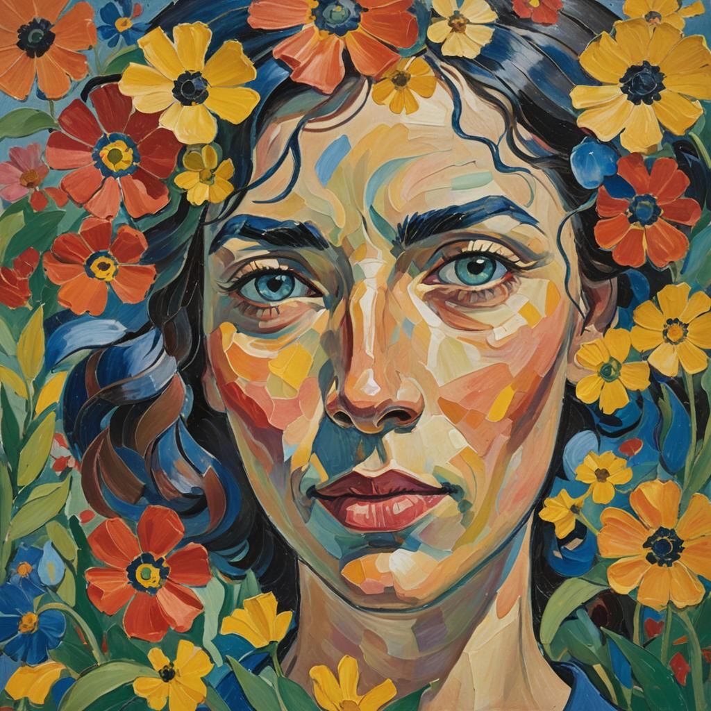 Woman in Garden, in Expressionist Style
