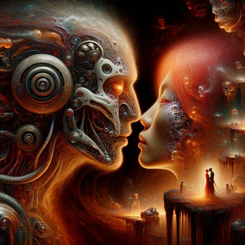 Surreal Embrace: Android and Woman in Dreamscape
