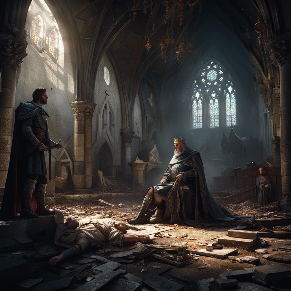 King Arthur in Ruined Chapel: Dark Fantasy Art