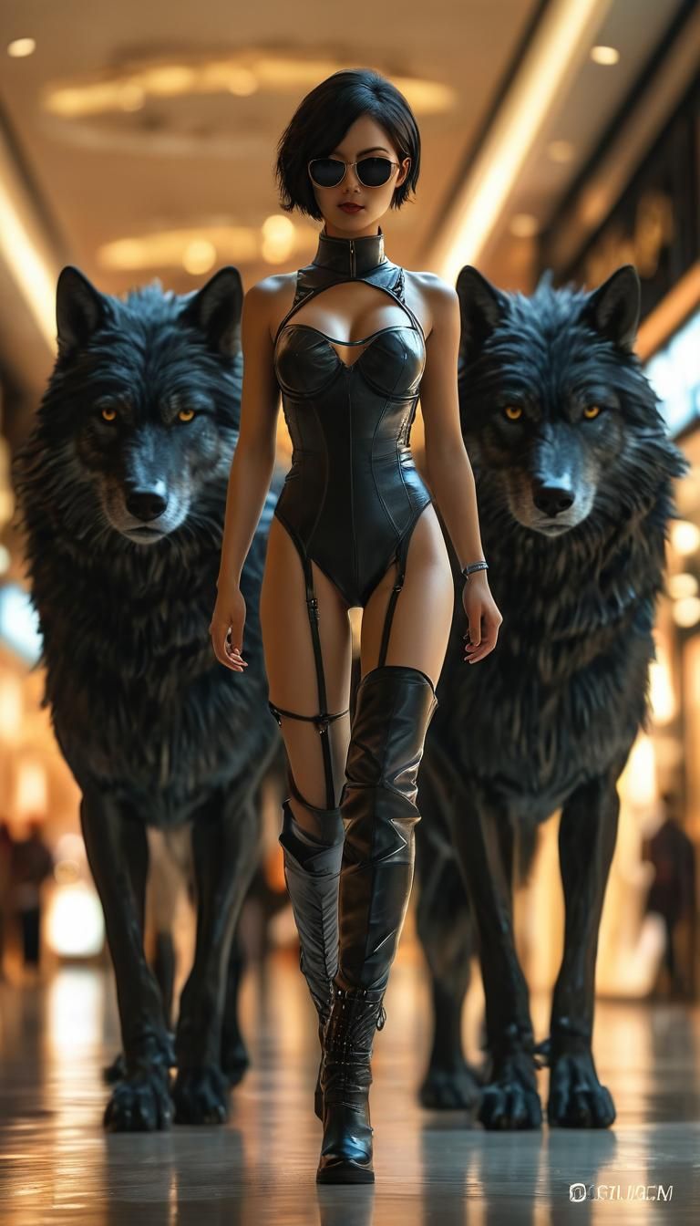Futuristic Asian Woman with Wolf Bodyguards