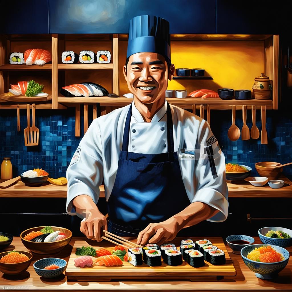 Smiling Sushi Chef Portrait in Ukiyo-e Style