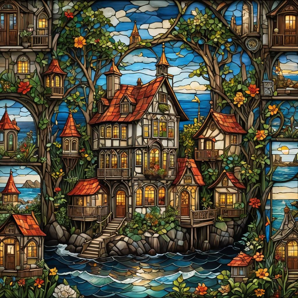 Stained Glass House on Island, Hyperrealistic Digital Art