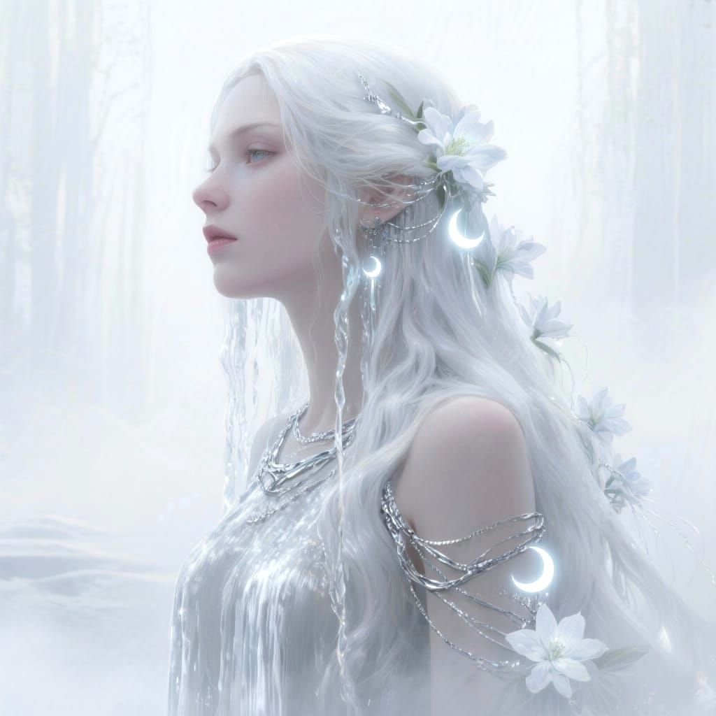 Ethereal White-Haired Woman in Fantasy Art Style