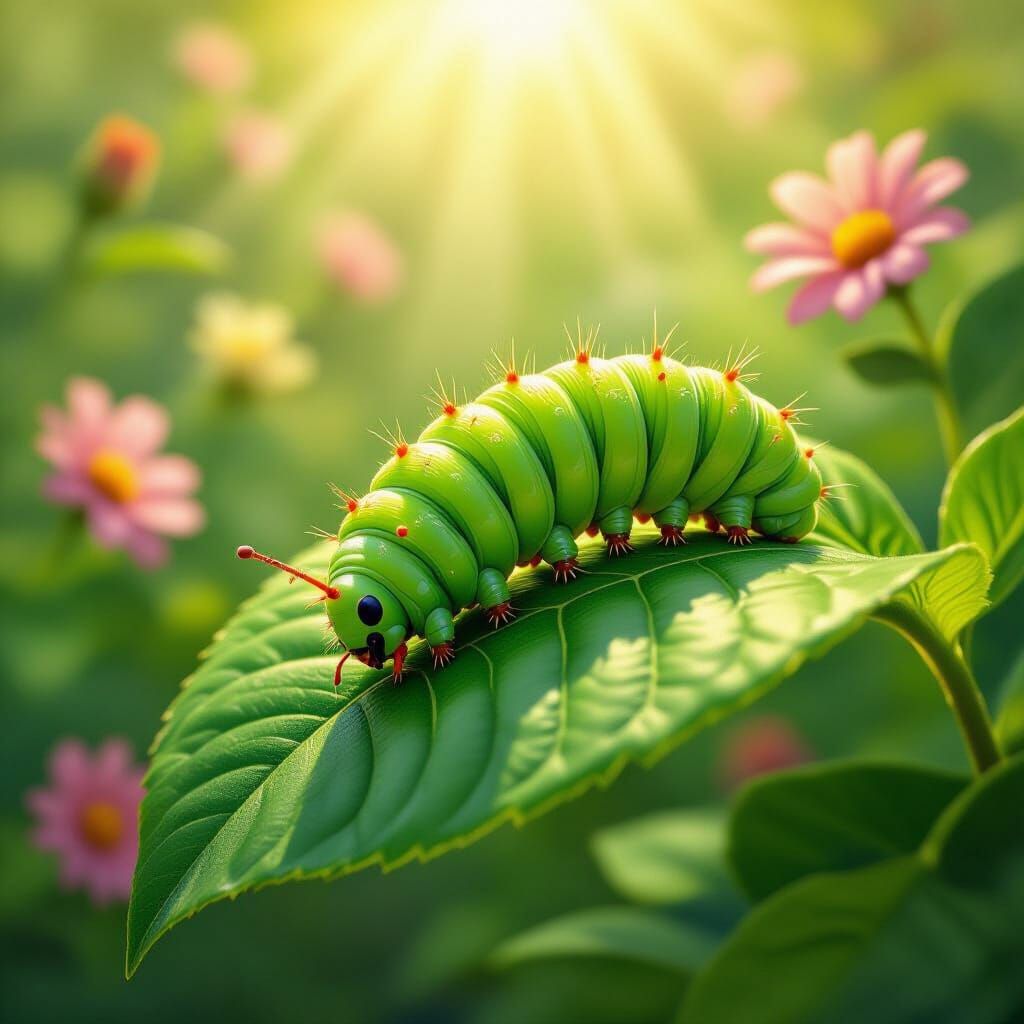 Green Caterpillar in Sunny Garden, Wildlife Art Style