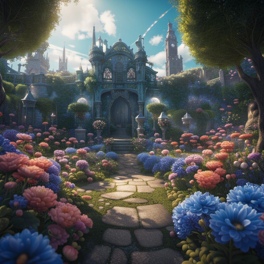 Secret Blue Flower Garden: Detailed Fantasy Art