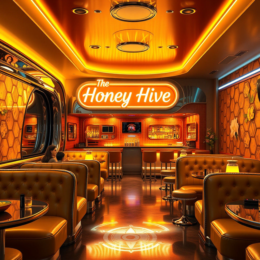 Retro-Futuristic Honey Bee Dive Bar in Anime Style