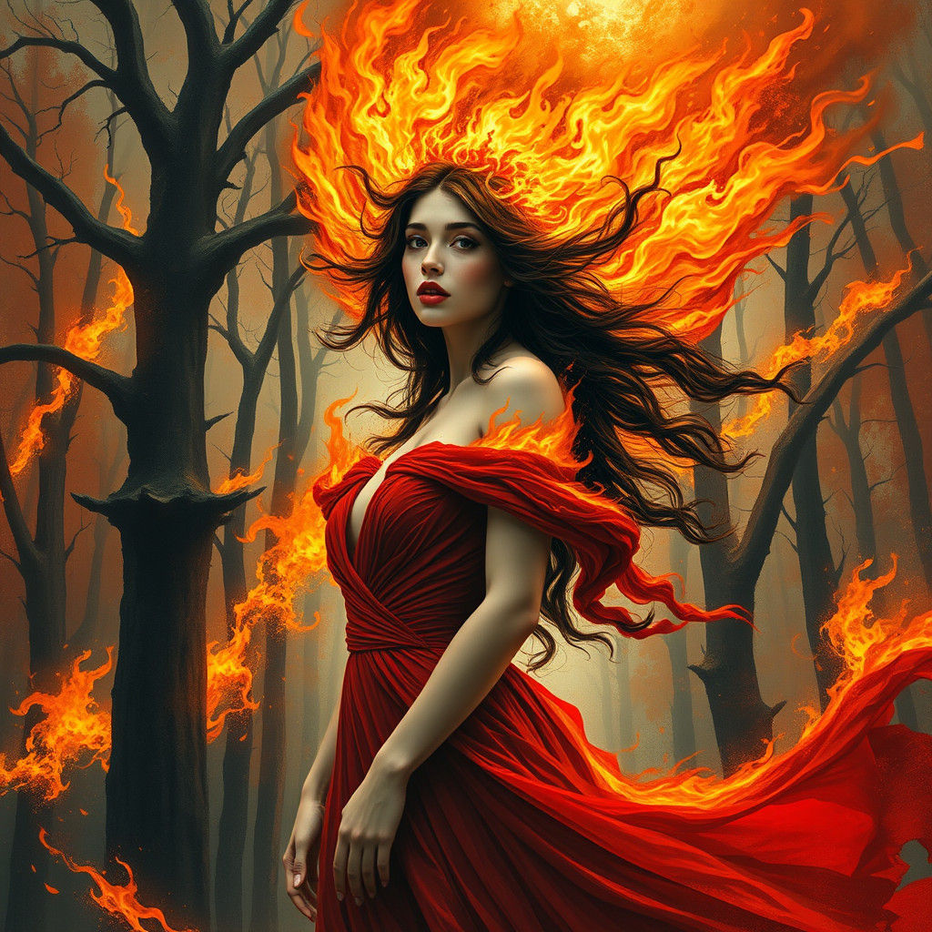 Fiery Woman in Burning Forest, Surreal Art