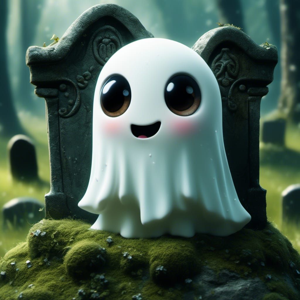 Cute Chibi Ghost Peeking from Gravestone