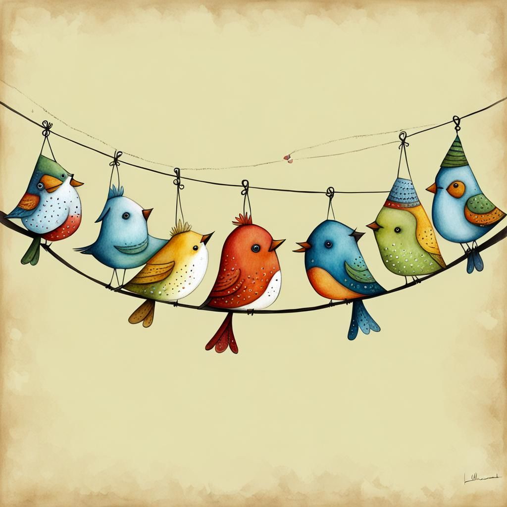 Birds on a String Whimsical Illustration