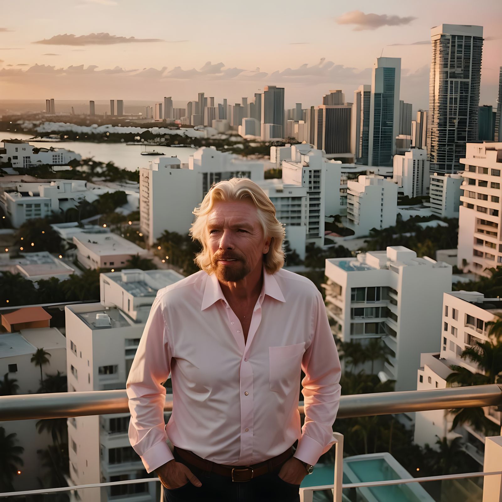Richard Branson on Miami Balcony: Cinematic Film Still