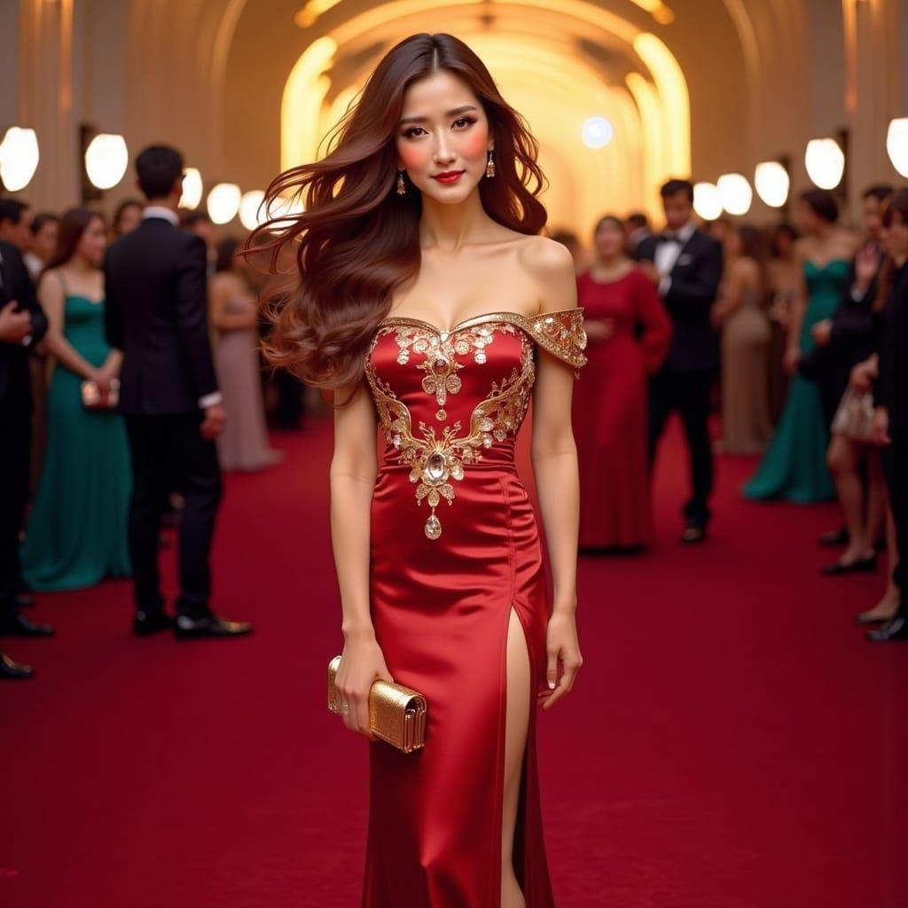 Dazzling Singer in Art Nouveau Style on Red Carpet