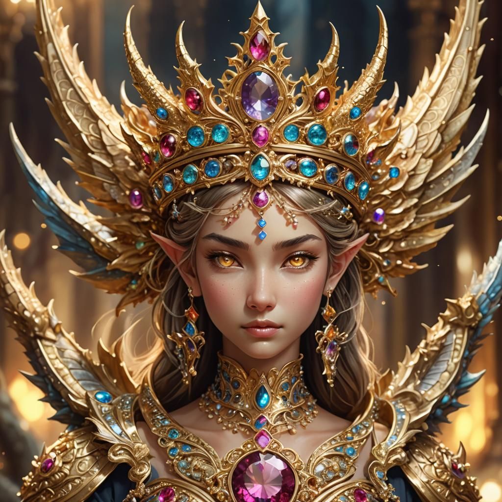 Golden Jeweled Tiara Guarded by Dragon: Fantasy Art