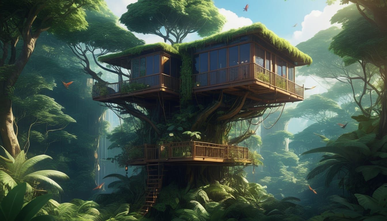 Vibrant Anime Treehouse Scene in the Jungle