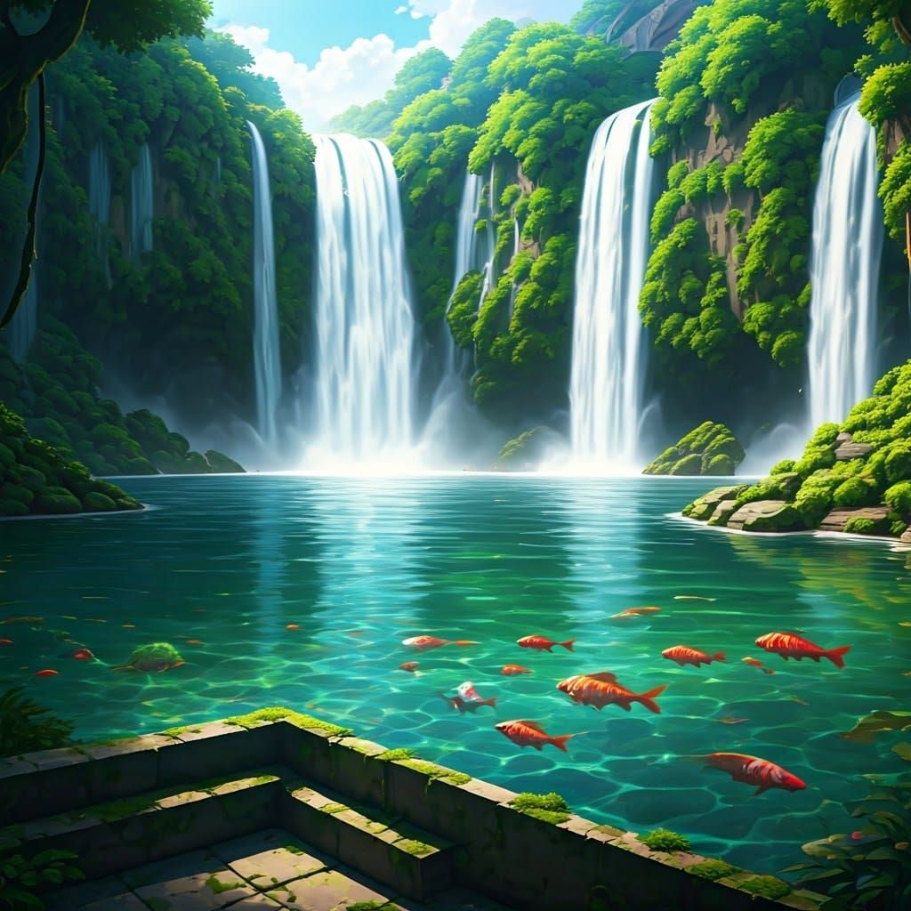 MC Escher style. Fractal. Low angle, wide shot. Fish swimmin...