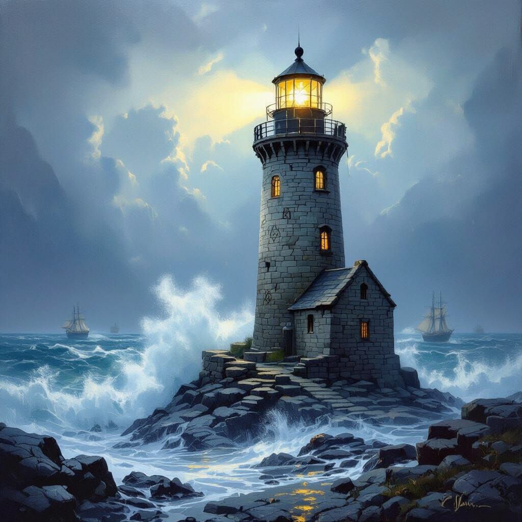Tempestuous Sea: Lighthouse in Classic Oil Painting Style