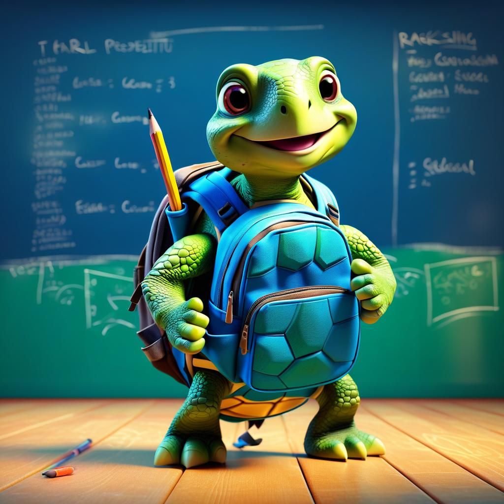 Happy Turtle Student in Pixar-Style 3D Art