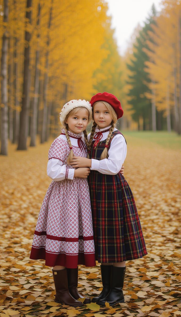 Ukrainian Twins Enjoying Autumn Scenery