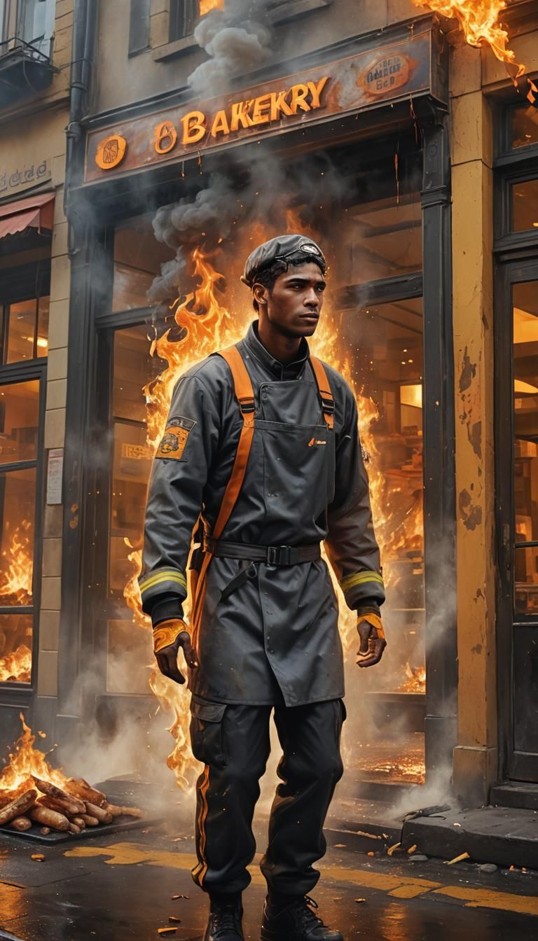 Burning Bakery: Hyperrealistic Concept Art of Baker