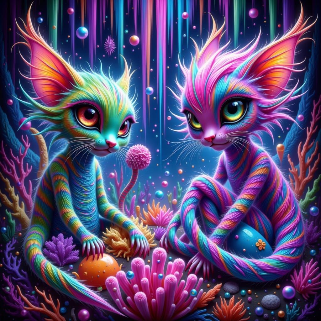 Whimsical Fairy Punk Fishies in Shimmering Glass Coral Reef