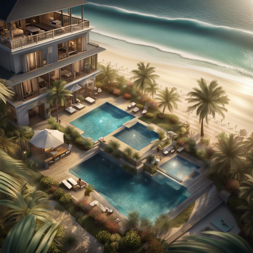 beautiful intricate detailed high vibe beach villa with beach view from balcony, huge pool adjoining balcony, reflective...