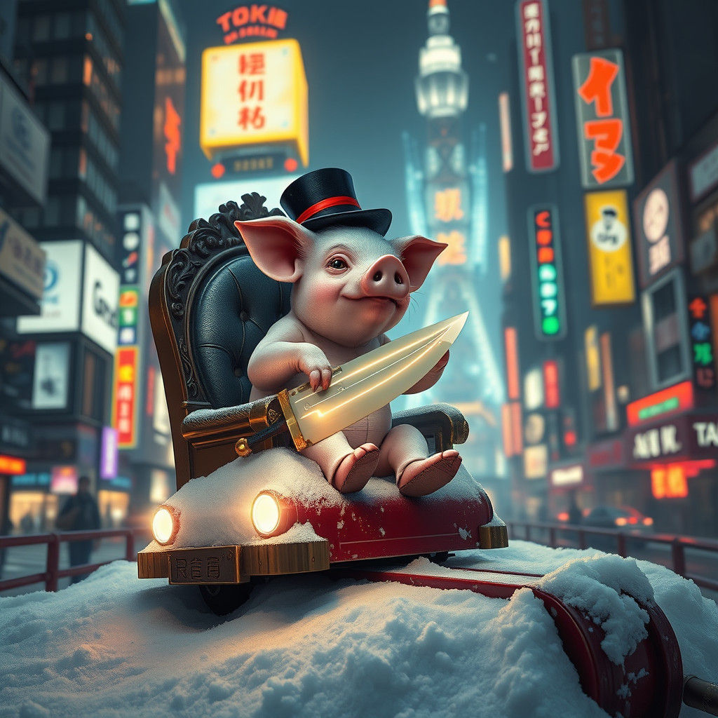 Pig on Rollercoaster Throne in Snowy Tokyo
