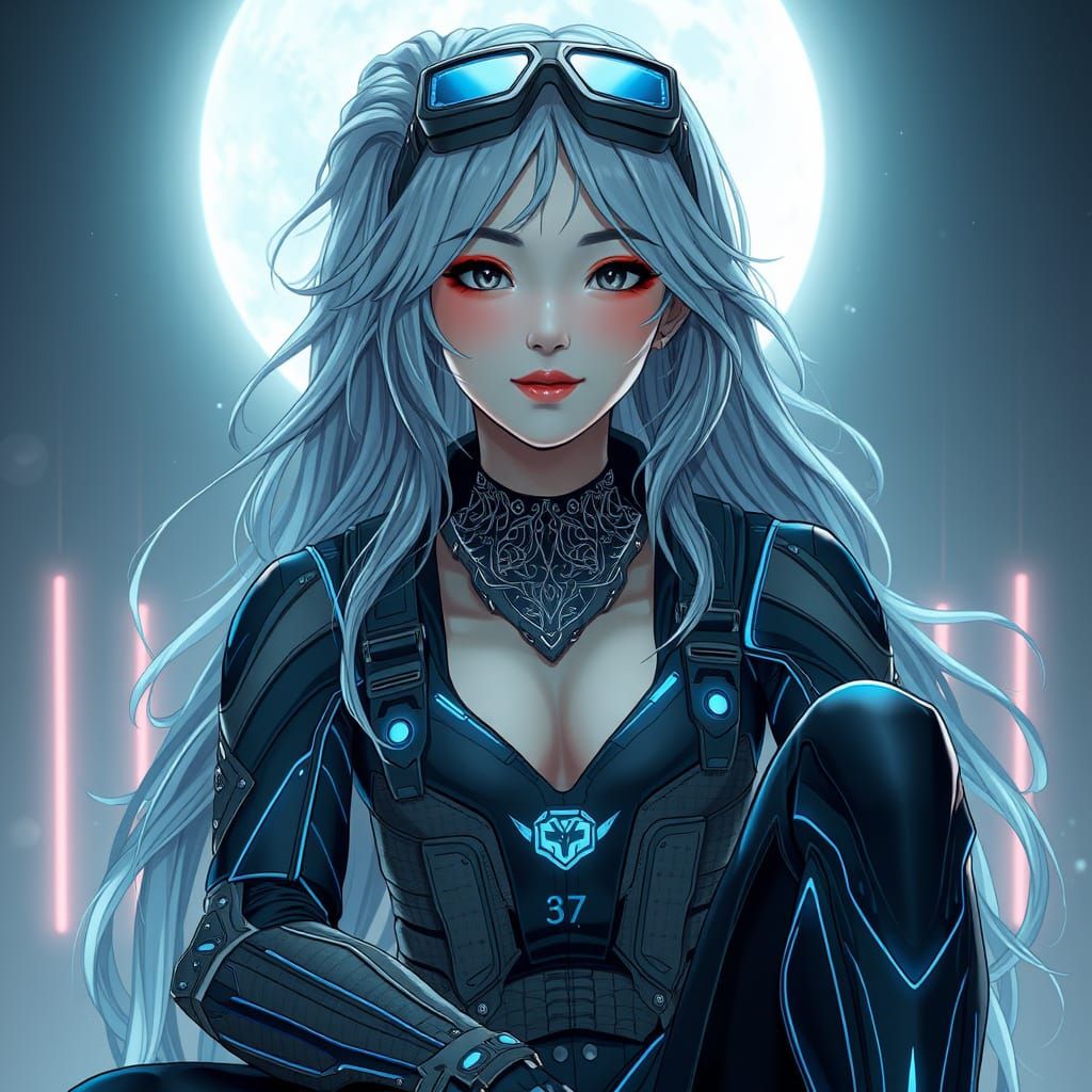 Cybernetic female figure (ethnicity:1.0), (age:1.2), crouched pose (pose:1.2), (body type:1.1), seated centered in the f...