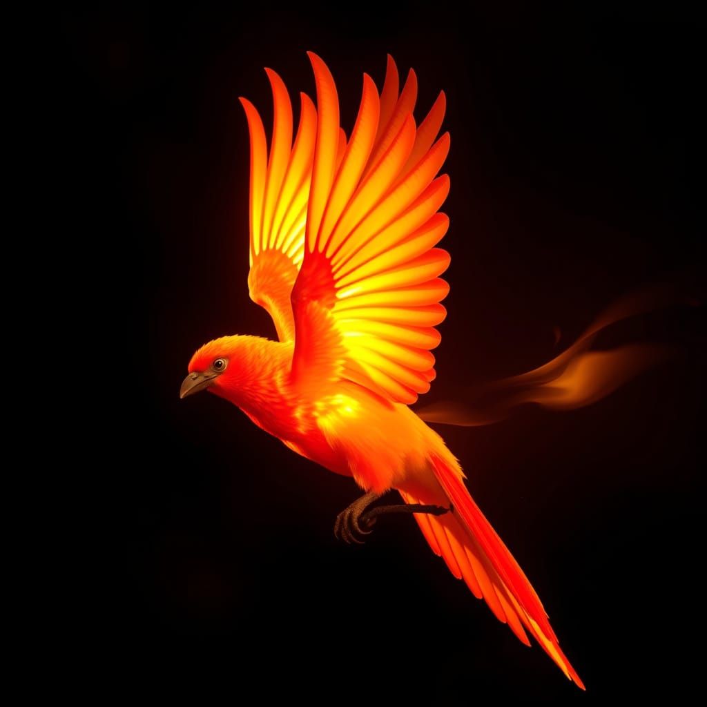 Glowing Red Firebird in Fiery Flight
