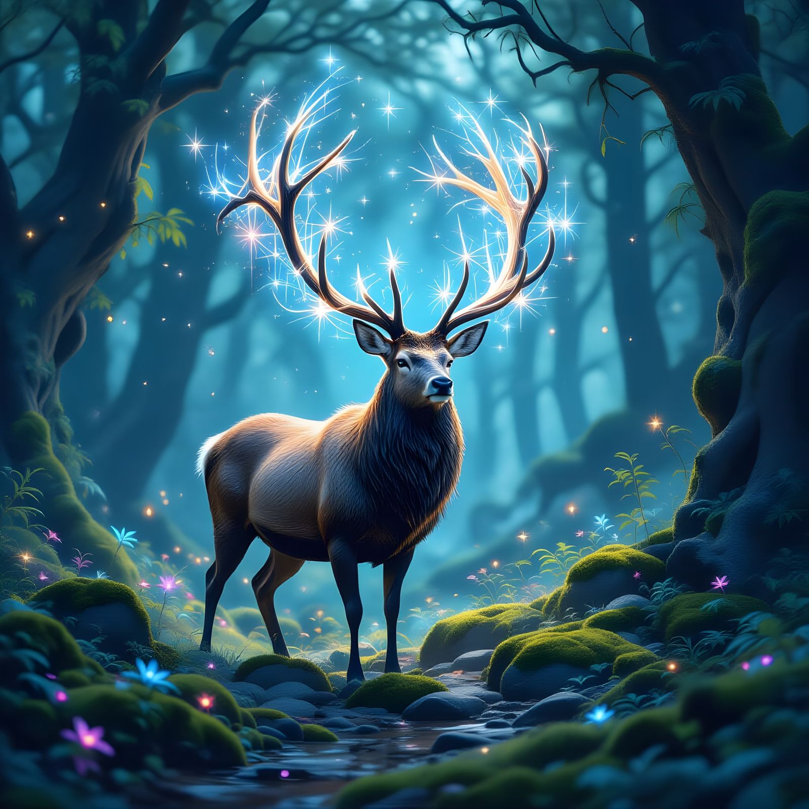 Majestic Starlight Stag in Enchanted Forest Clearing