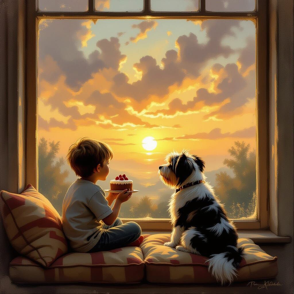 Boy and Dog Share Cake, Impressionist Oil Painting
