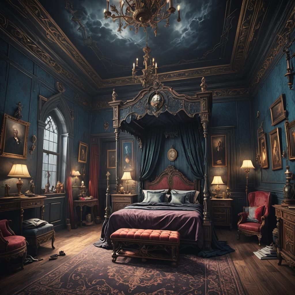 Stormy Gothic Haunted Mansion Bedroom