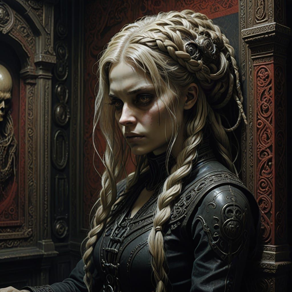 Serene Woman Confronts Dark Demon in Haunting Gothic Scene