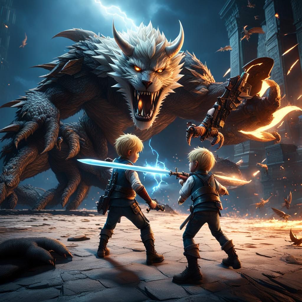 Boys Fight Monster with Lightning Sword and Gun