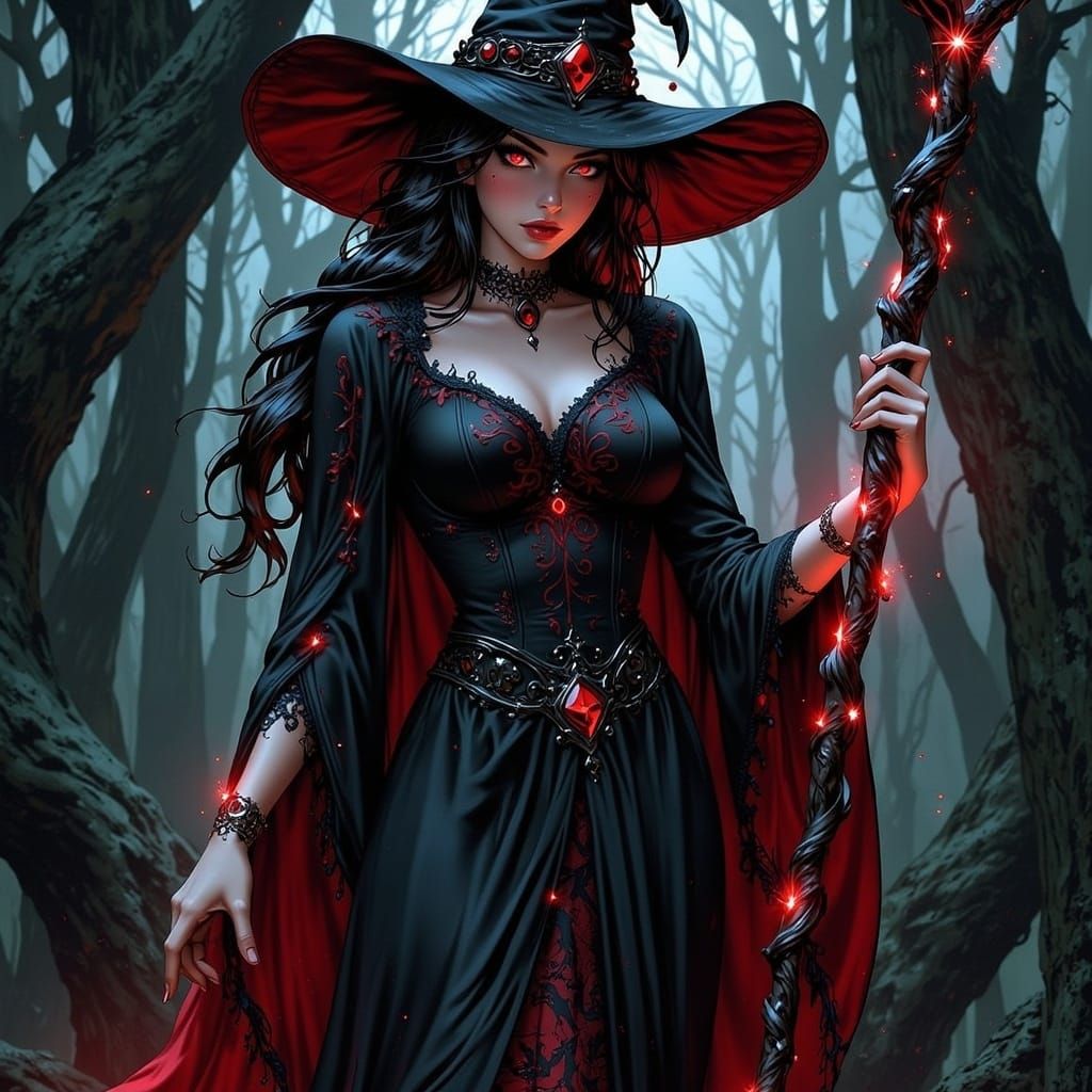 Gothic Witch in Misty Forest, Digital Art