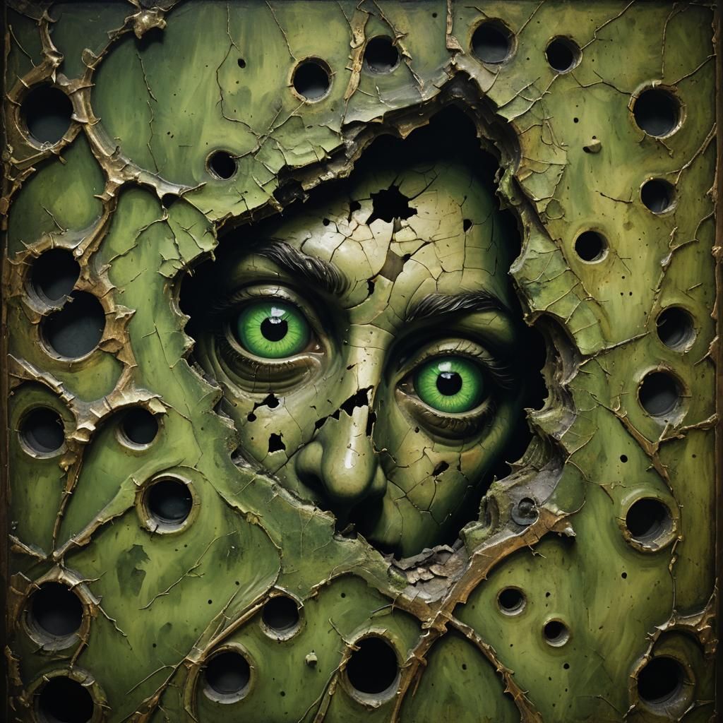 Eerie Eyes in a Cracked Baroque Painting
