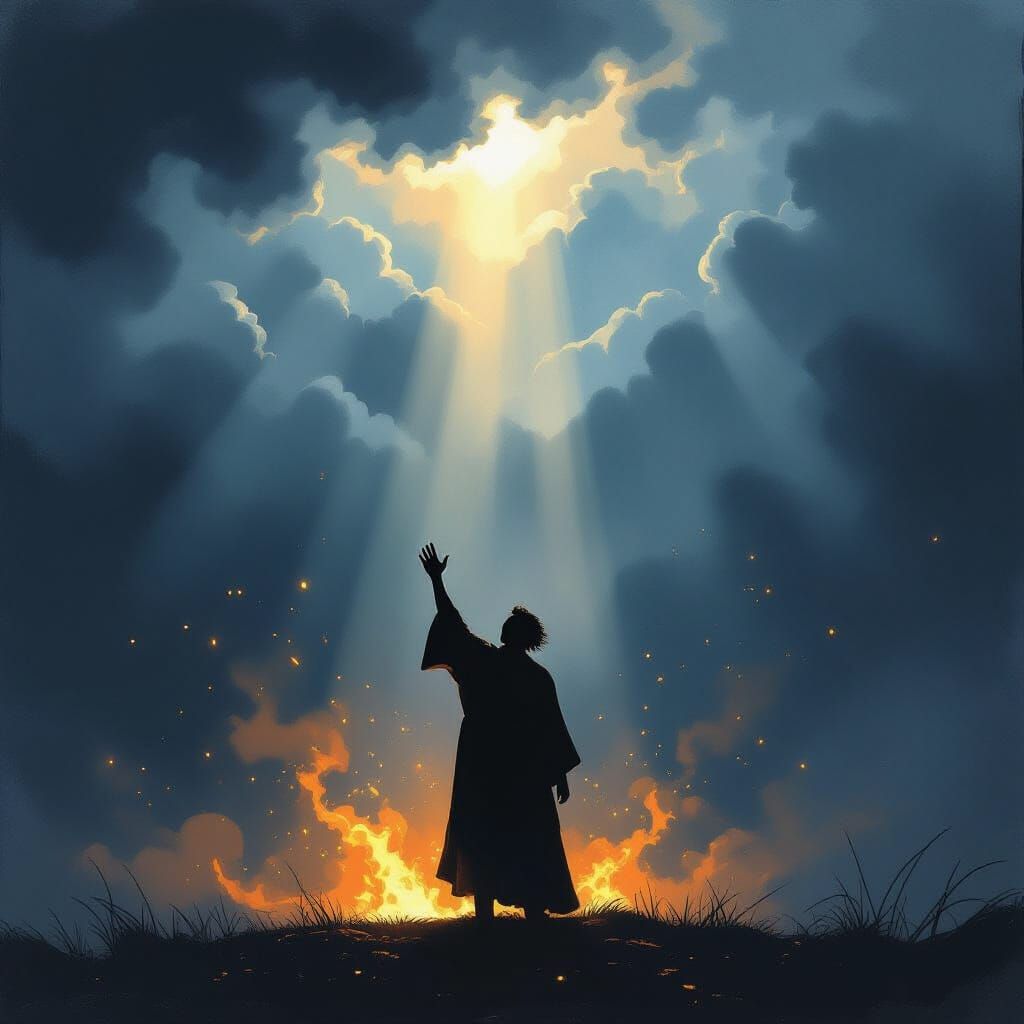 Figure Reaching for Light in Stormy Sky