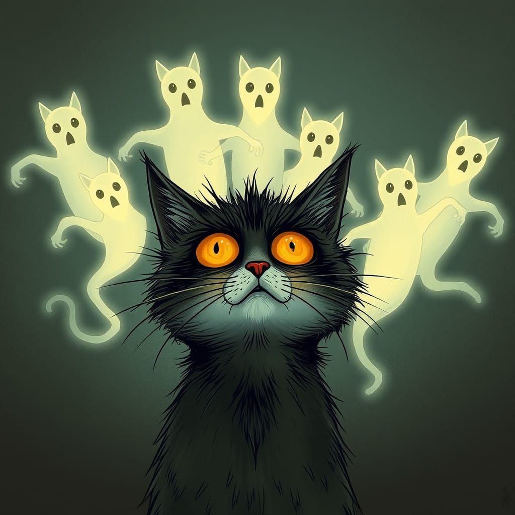 Surreal Whimsy Cat Confronts Eerie Ghostly Forms