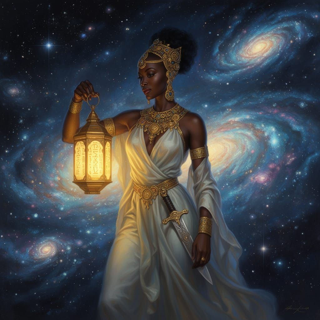 African Goddess Overlooking Cosmic Galaxies in Digital Paint...