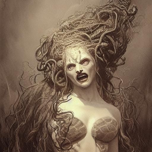 Terrifying Gorgon with Snakes for Hair, Horror Aesthetic