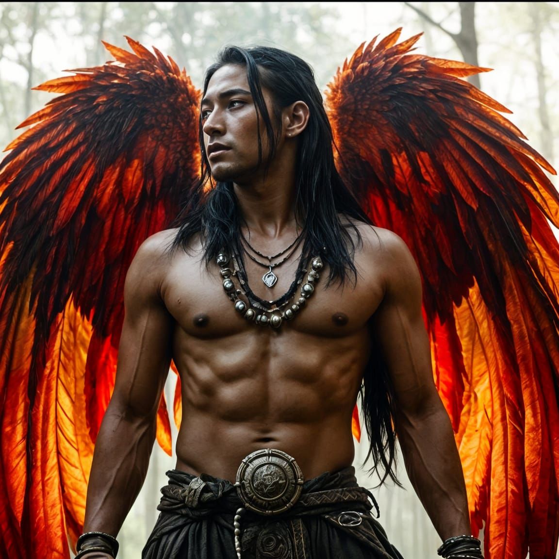 Warrior with Angel Wings in Misty Forest: Hyperrealistic Pho...