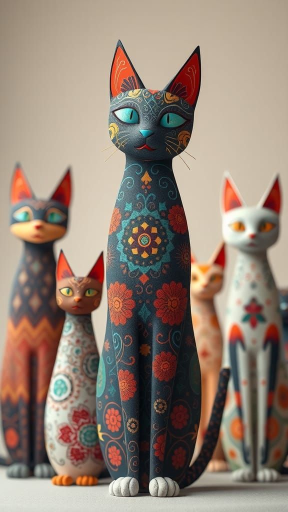 Whimsical Abstract Cats in a Textile Print Style