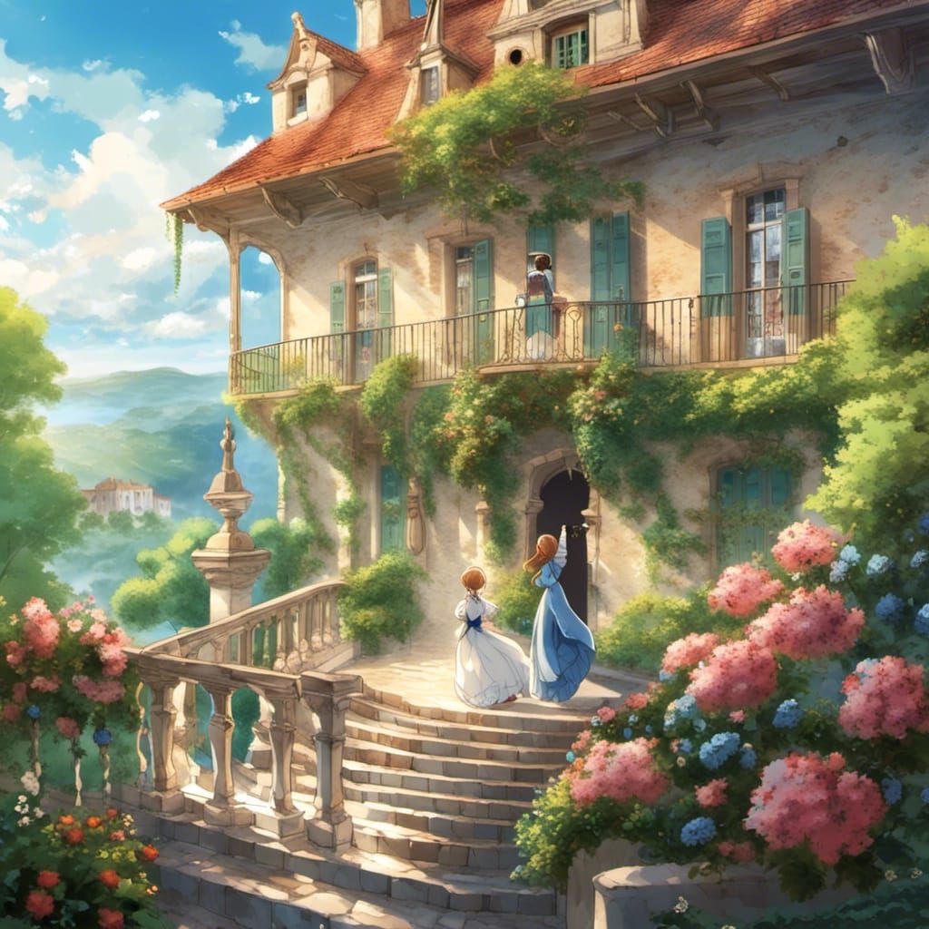 Ghibli style, a summer house for a big family