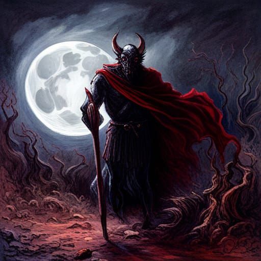 Demon King with Red Sword Under Full Moon