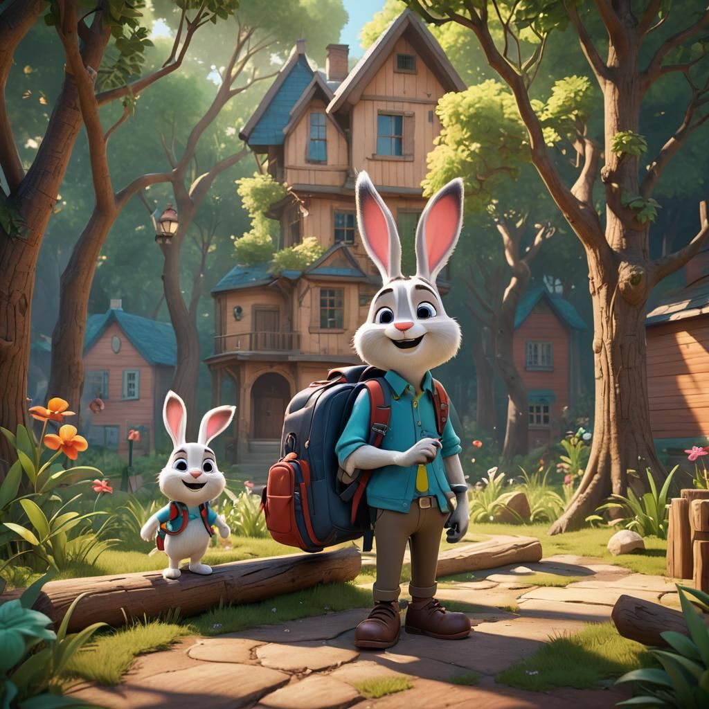 Rabbits Headed to School in Pixar 3D Style