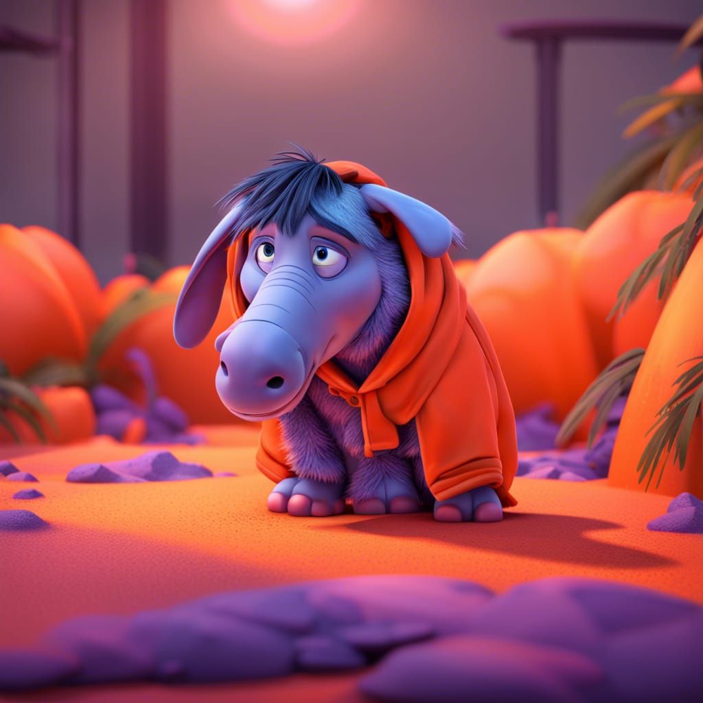 Unhappy Eeyore in Orange Environment: 3D Digital Art